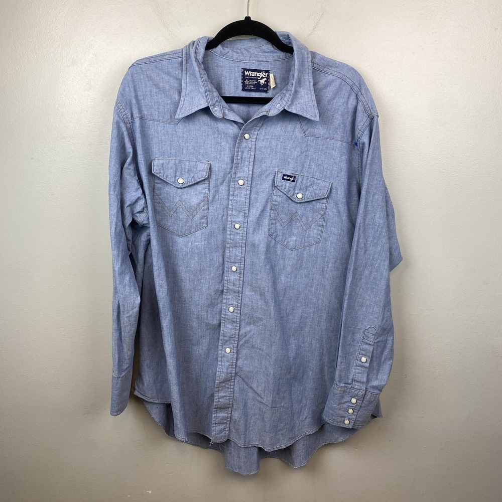 Vintage Wrangler Shirt Mens‎ 19x35 Blue Chambray Western Pearl Snap Made USA 90s
